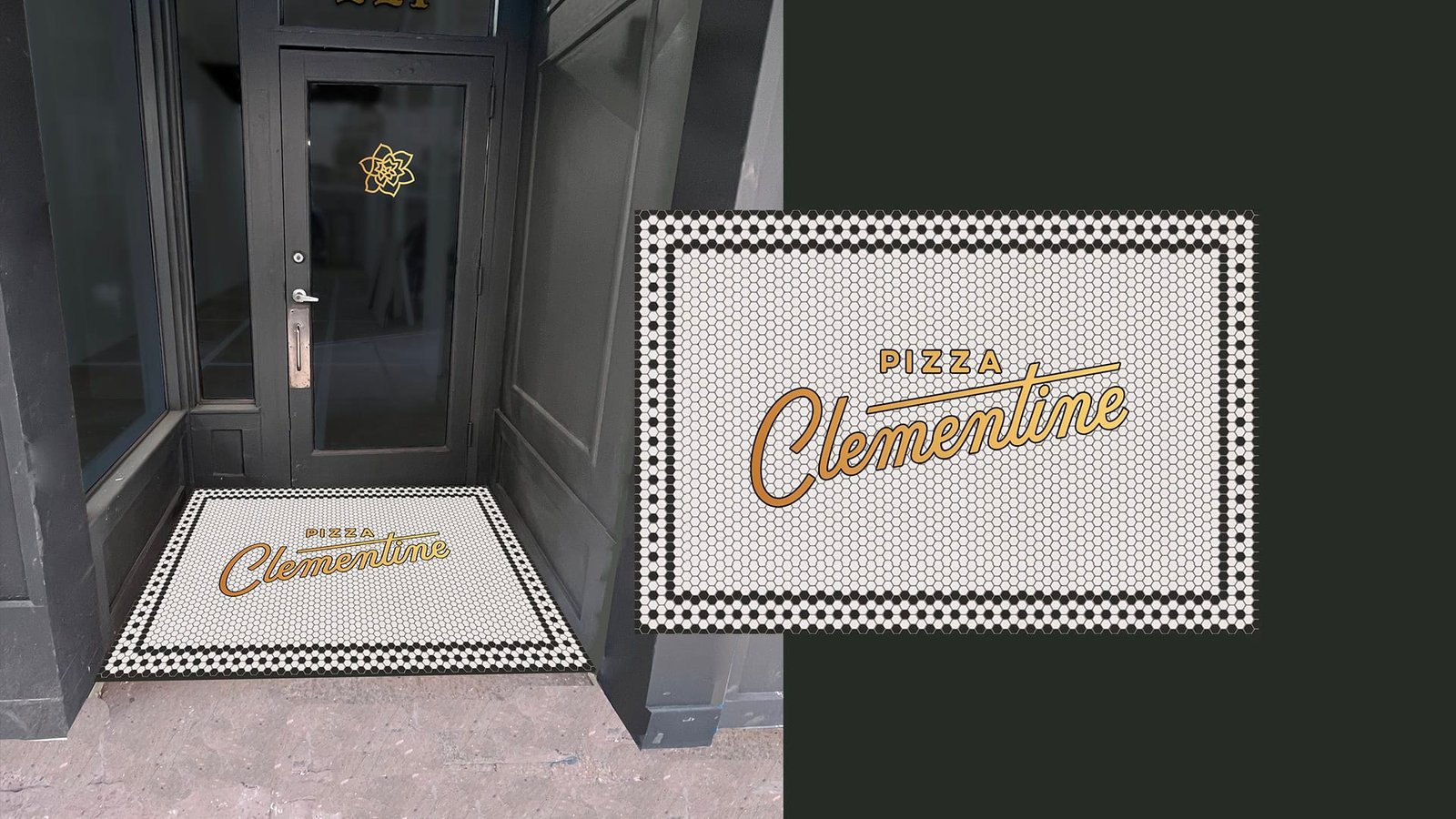 pizza clementine entryway branding with tile food design